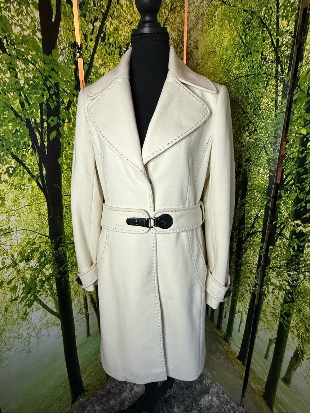 Via Spiga Cream Belted Wool Blend Coat